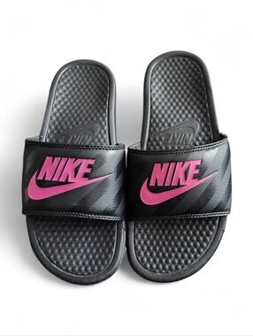 Nike Black Slides with Pink Swoosh Logo